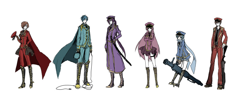 3boys 3girls bad_id bad_pixiv_id boots cape genderswap_(ftm) genderswap_(mtf) gun hat highres kaiko kaito_(vocaloid) kamui_gakupo katana long_hair megurine_luka meiko_(vocaloid) meito military military_uniform multiple_boys multiple_girls muro_(ninimohu) peaked_cap rocket_launcher rule_63 shotgun skirt sword uniform very_long_hair vocaloid weapon whip