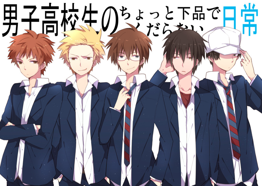 5boys baseball_cap black_hair blazer blonde_hair brown_hair commentary_request danshi_koukousei_no_nichijou facial_hair glasses hat jacket karasawa_toshiyuki male_focus mitsuo_(danshi_koukousei) motoharu_(danshi_koukousei) multiple_boys necktie saemi school_uniform striped striped_necktie stubble tabata_hidenori tanaka_yoshitake translation_request