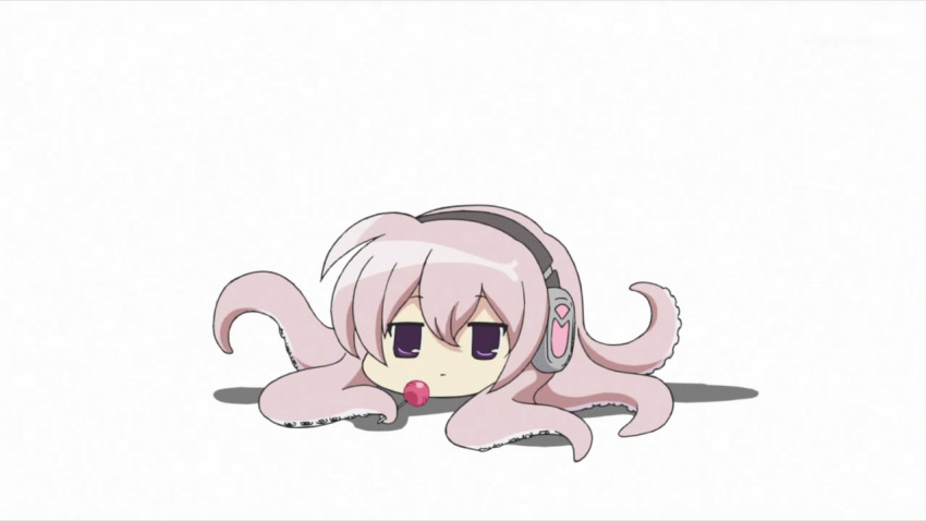 candy female headphones lollipop long_hair pink_hair purple_eyes screencap simple_background solo takoluka tantei_opera_milky_holmes tentacle tooyama_saku white_background