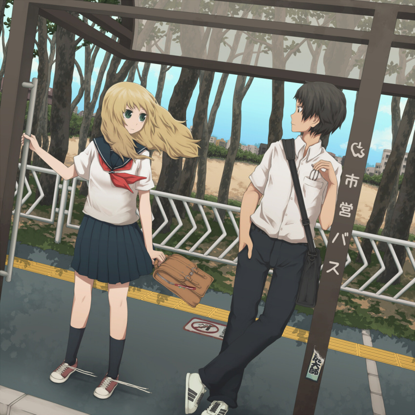 1boy bag black_hair black_legwear blonde_hair commentary dutch_angle eye_contact female glasses green_eyes hand_in_pocket highres kneehighs long_hair looking_at_another neckerchief original pleated_skirt profile school_bag school_uniform serafuku shoes skirt sky socks translation_request tree wind yajirushi_(chanoma)