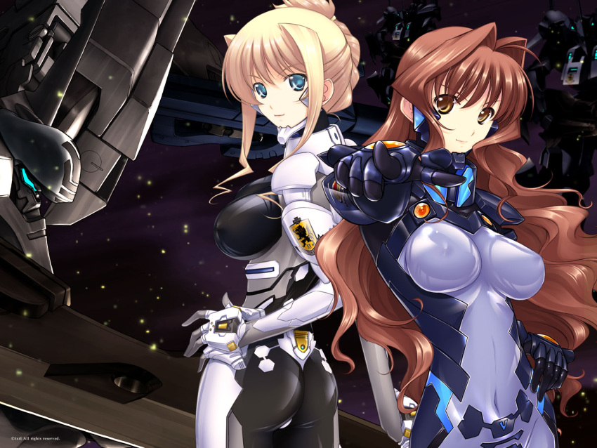 2girls bad_link blonde_hair blue_eyes bodysuit breasts brown_eyes brown_hair ef-2000_typhoon_(muv-luv) fortified_suit hair_intakes highres ilfriede_von_feulner jinguuji_marimo large_breasts mecha miyata_sou multiple_girls muv-luv muv-luv_alternative photoshop_(medium) pilot_suit robot tactical_surface_fighter the_euro_front type_94_shiranui white_bodysuit