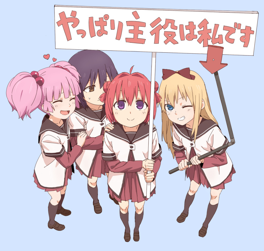 4girls ahoge akaza_akari arm_hug arrow_(projectile) arrow_(symbol) black_hair black_socks blonde_hair blue_eyes bow brown_eyes closed_eyes collarbone commentary_request double_bun funami_yui grin hair_bobbles hair_bun hair_ornament hairbow hands_on_shoulders heart highres hug kinosuke_(sositeimanoga) layered_sleeves long_sleeves looking_at_viewer multiple_girls nanamori_school_uniform one_eye_closed pink_hair purple_eyes red_hair school_uniform serafuku shoes short_hair short_over_long_sleeves short_sleeves sign single_hair_bun smile socks teeth toshinou_kyouko translated twintails yoshikawa_chinatsu yuru_yuri