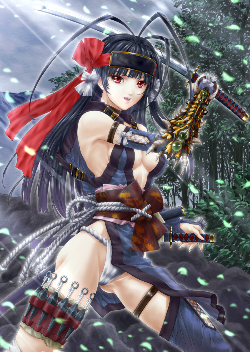 antenna_hair asymmetrical_legwear black_hair breasts center_opening commentary_request female fundoshi headband highres holster japanese_clothes katana kunai long_hair looking_at_viewer obi onimusha_soul pandaraion_(kanikani2950) red_eyes sash small_breasts solo sword thigh_holster uneven_legwear weapon