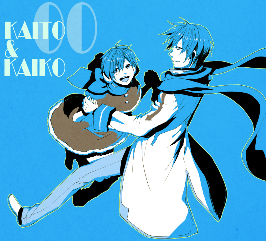 1boy bad_id bad_pixiv_id blue_theme bow character_name couple dress dual_persona female genderswap_(mtf) happy highres holding_hands kaiko kaito_(vocaloid) kunieda_(miniaturegarden) photoshop_(medium) rule_63 scarf straight vocaloid