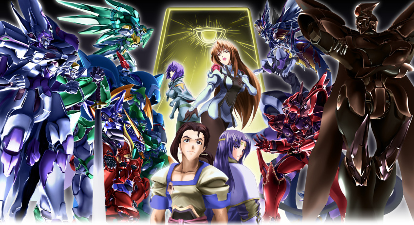 2boys 2girls amphysvena andvari_(mecha) commentary_request crescens el-fenrir el-renmazuo el-stier elhaym_van_houten fei_fong_wong highres krelian_(xenogears) mecha multiple_boys multiple_girls opiomorph original_weltall photoshop_(medium) reglay robot seibzehn weltall-id xenogears xenogears_(mecha) zohar