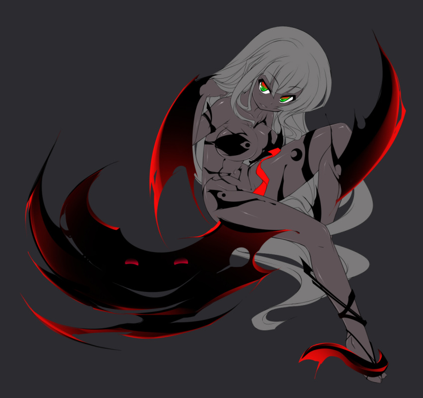 arm_up blade breasts colored_skin commentary_request crescent dark-skinned_female dark_skin demon_girl evil_grin evil_smile female grey_background grey_skin grin hand_in_own_hair hooves katami_shinta leg_up looking_at_viewer multicolored_eyes parted_lips pixiv_mahou_gakuen sitting small_breasts smile solo white_hair