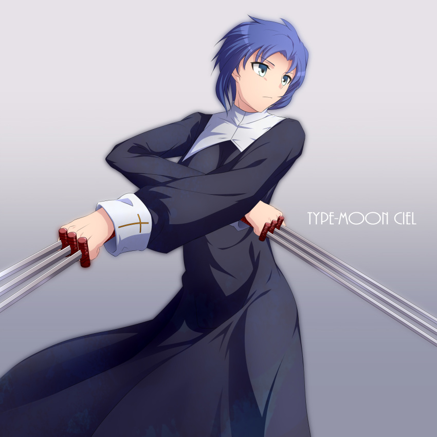 absurdres black_keys_(type-moon) blue_eyes blue_hair ciel_(tsukihime) commentary_request cross female habit highres kokutou melty_blood nun photoshop_(medium) solo sword text_focus traditional_nun tsukihime weapon