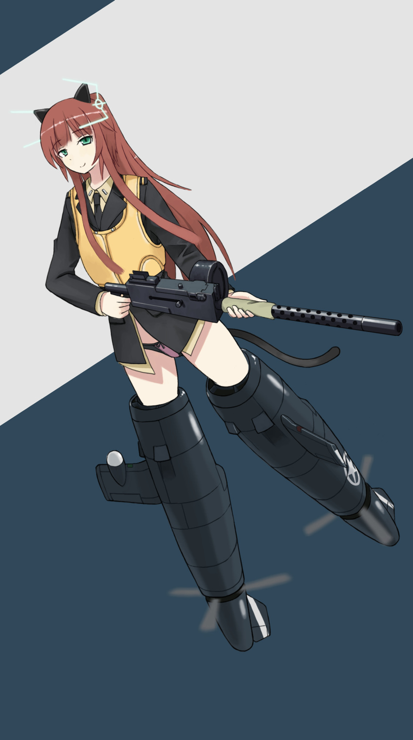 absurdres animal_ears bad_id bad_pixiv_id bow bow_panties brown_hair browning_m1919 drum_magazine f6f_hellcat female green_eyes gun highres hirschgeweih_antennas jacket machine_gun magazine_(weapon) mikado_(winters) military military_uniform necktie original panties solo striker_unit underwear uniform vest weapon world_witches_series