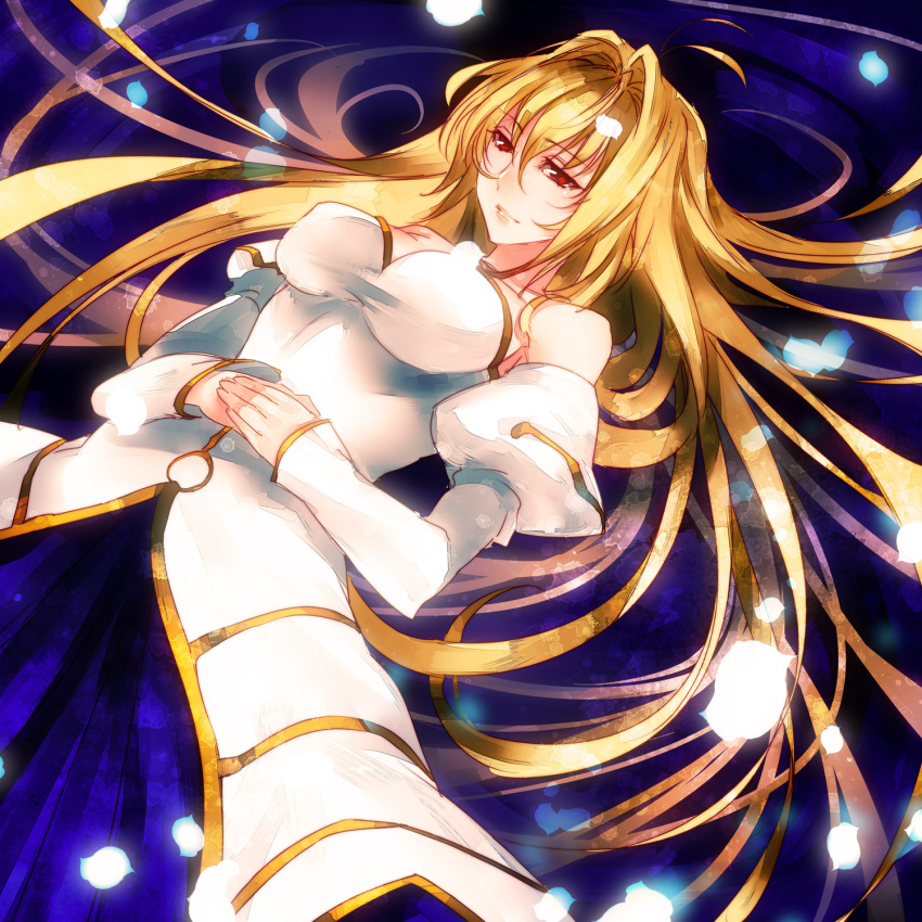 antenna_hair archetype_earth arcueid_brunestud bare_shoulders blonde_hair breasts commentary_request detached_sleeves dress female hair_intakes highres large_breasts long_hair lying melty_blood on_back own_hands_together petals photoshop_(medium) puffy_sleeves red_eyes shirt solo strapless strapless_dress tamachi_kuwa taut_clothes taut_shirt tsukihime very_long_hair white_dress