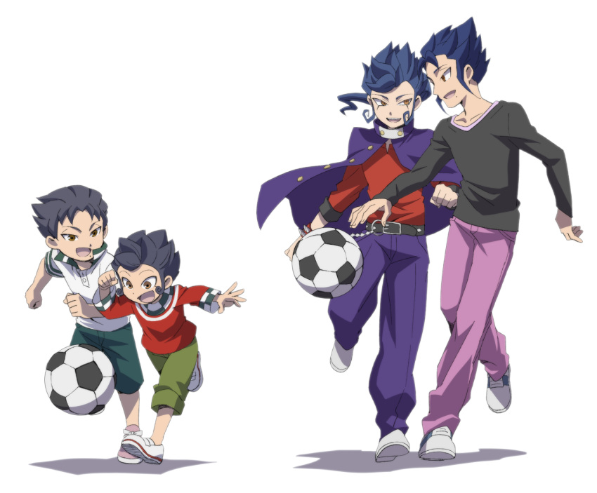 2boys aged_down baggy_pants ball belt blue_hair bracelet brothers cloak commentary_request dual_persona highres inazuma_eleven_(series) inazuma_eleven_go inazuma_eleven_go_chrono_stone jewelry kiriku_(nakuro) male_focus mole mole_under_mouth multiple_boys open_mouth pants running shirt shoes siblings sneakers soccer_ball spiked_bracelet spikes telstar tsurugi_kyousuke tsurugi_yuuichi yellow_eyes