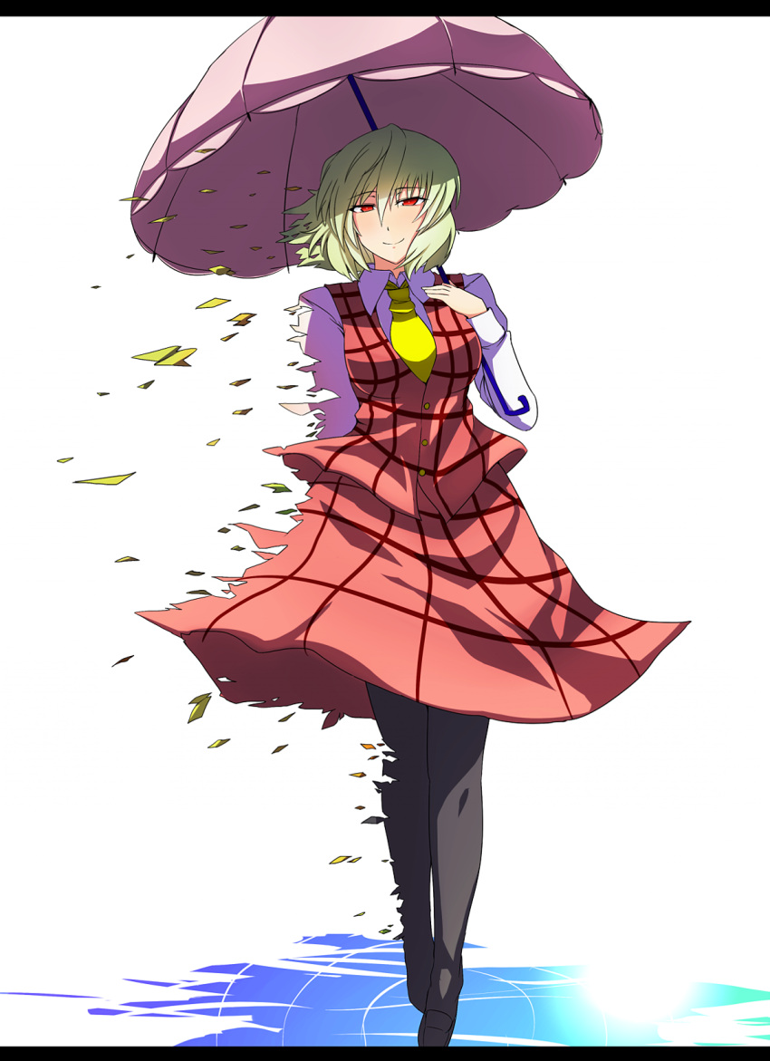 ascot bad_id bad_pixiv_id black_pantyhose dissolving female green_hair highres kazami_yuuka letterboxed meicha pantyhose parasol red_eyes short_hair simple_background skirt solo touhou umbrella vest white_background