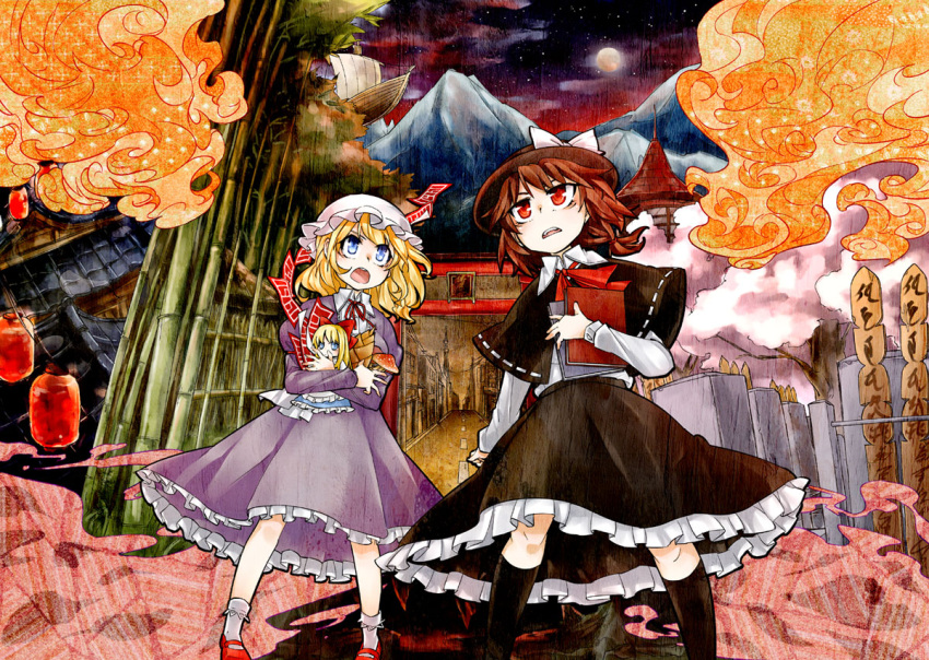 2girls ankle_socks architecture bamboo bamboo_shoot black_capelet black_socks blonde_hair blue_eyes boat bobby_socks book bow brown_hair capelet cloud commentary_request doll dress east_asian_architecture fire flying full_moon hat hat_bow hugging_doll hugging_object kikuichi_monji kneehighs lantern maribel_hearn mary_janes moon mountain multiple_girls mushroom paper_lantern red_eyes ribbon-trimmed_capelet ribbon_trim rooftop shanghai_doll shoes socks sotoba star_(sky) tombstone torii touhou usami_renko watercraft white_socks