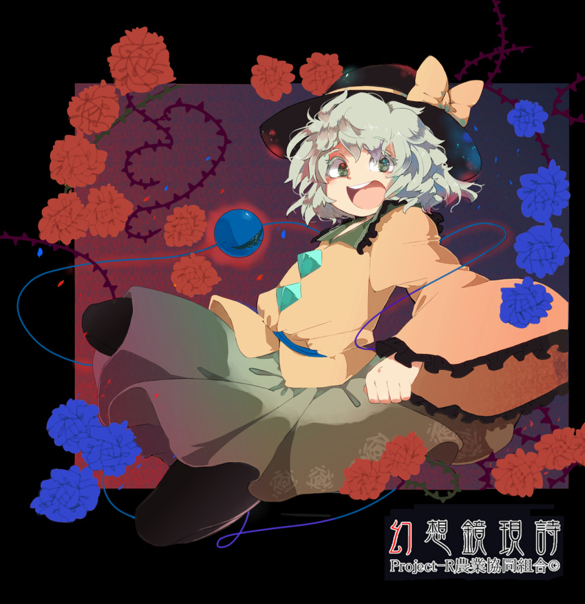 black_pantyhose bow commentary_request female flower green_eyes grey_hair hat hat_bow highres iroyopon komeiji_koishi open_mouth pantyhose partial_commentary short_hair skirt solo spell_card third_eye touhou