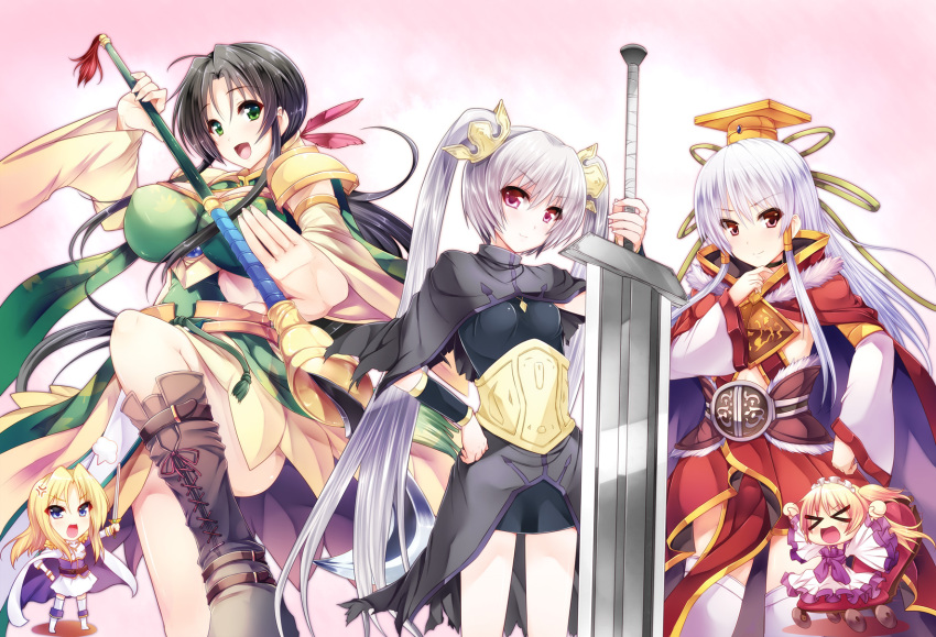 5girls anger_vein black_hair blonde_hair blue_eyes boots breasts cape chair chibi closed_eyes commentary_request enjutsu_kouro enshou_(sangoku_hime) glaive_(polearm) goban green_eyes hair_ornament hat highres kan'u_unchou_(sangoku_hime) kayuu_(sangoku_hime) large_breasts medium_breasts multiple_girls open_mouth polearm red_eyes sangoku_hime smile sousou_moutoku_(sangoku_hime) sword twintails weapon white_hair