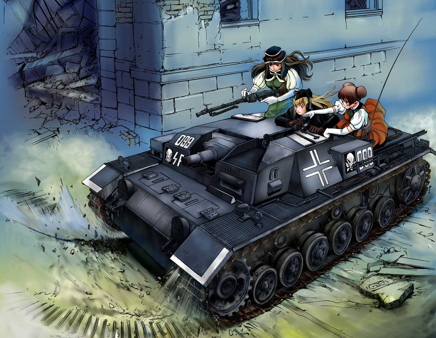 3girls binoculars caterpillar_tracks character_request commentary_request double_bun elbow_gloves glasses gloves gun hair_bun hat headphones kaja_kreutz katayama_makoto machine_gun maita_gaduwan mg34 military military_vehicle motor_vehicle multiple_girls official_art schaferhund self-propelled_artillery sturmgeschutz_iii tank turretless_tank weapon