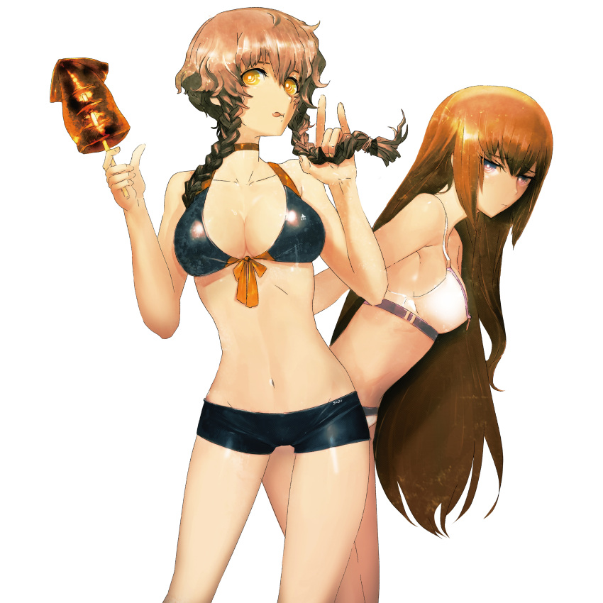 2girls :q \n/ absurdres amane_suzuha bare_shoulders bikini blue_eyes braid breasts brown_hair cleavage food front-tie_top highres huke ikayaki leaning_forward long_hair looking_at_viewer makise_kurisu medium_breasts multiple_girls navel official_art pout short_shorts shorts simple_background squid steins;gate swimsuit tongue tongue_out twin_braids white_background white_bikini yellow_eyes