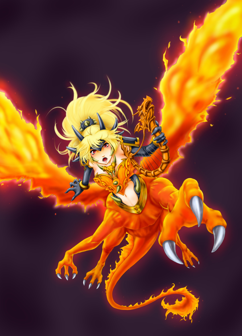 armlet blonde_hair bracelet breasts centauroid claws cleavage clothing_cutout commentary_request dragon dragon_girl dragon_horns dragon_tail dragon_wings duel_monster elbow_gloves fangs female flying full_body gloves harp headpiece high_ponytail highres holding holding_instrument horns instrument jewelry large_breasts long_hair looking_at_viewer navel navel_cutout open_mouth queen_dragun_djinn red_background red_eyes solo tail taur usoutsuki wings yu-gi-oh!