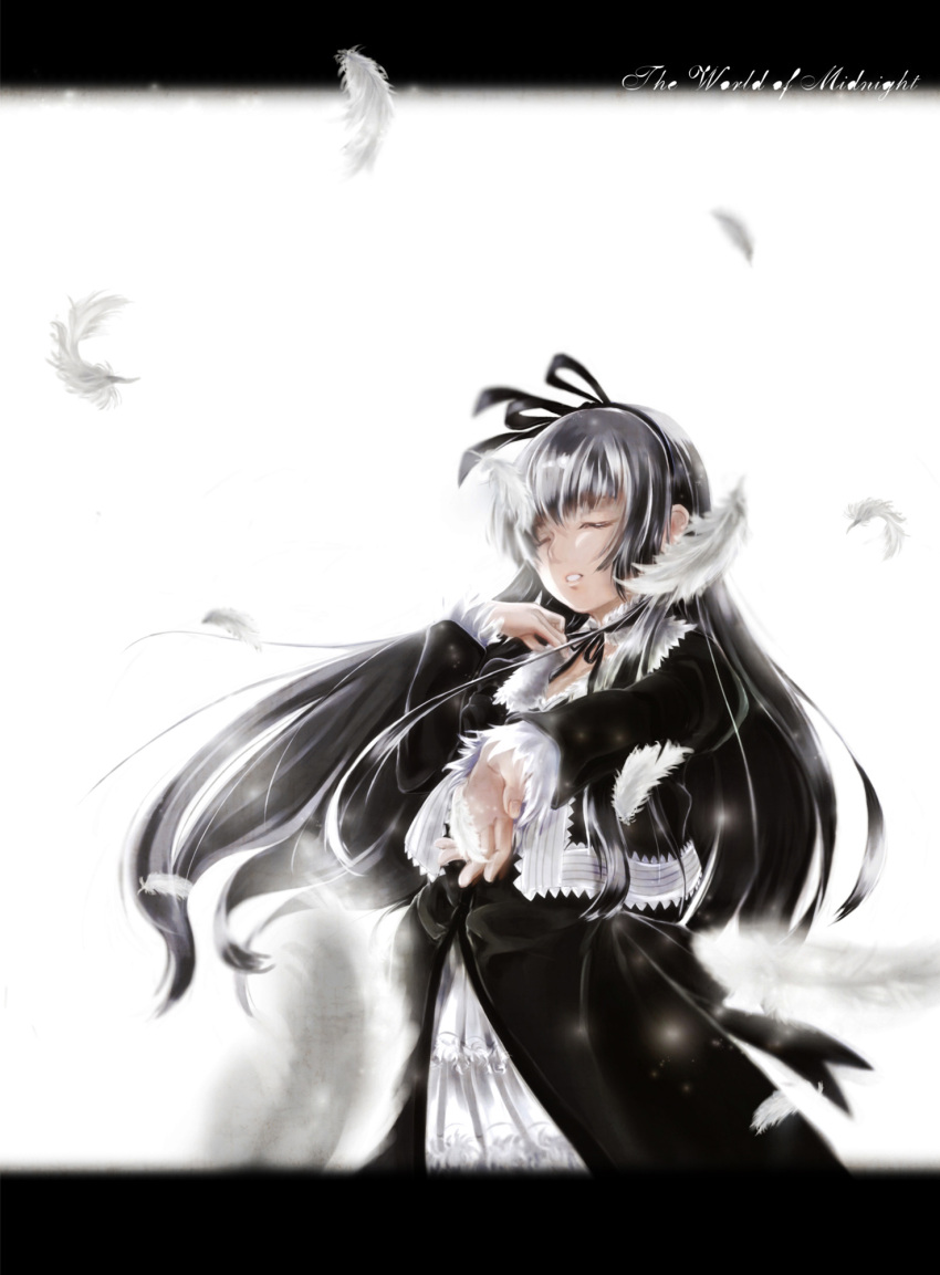 black_lagoon closed_eyes commentary_request feathers female gothic_lolita gretel_(black_lagoon) grey_hair hand_on_own_chest highres letterboxed lolita_fashion long_hair maki_(maki_pei) outstretched_hand parted_lips photoshop_(medium) solo