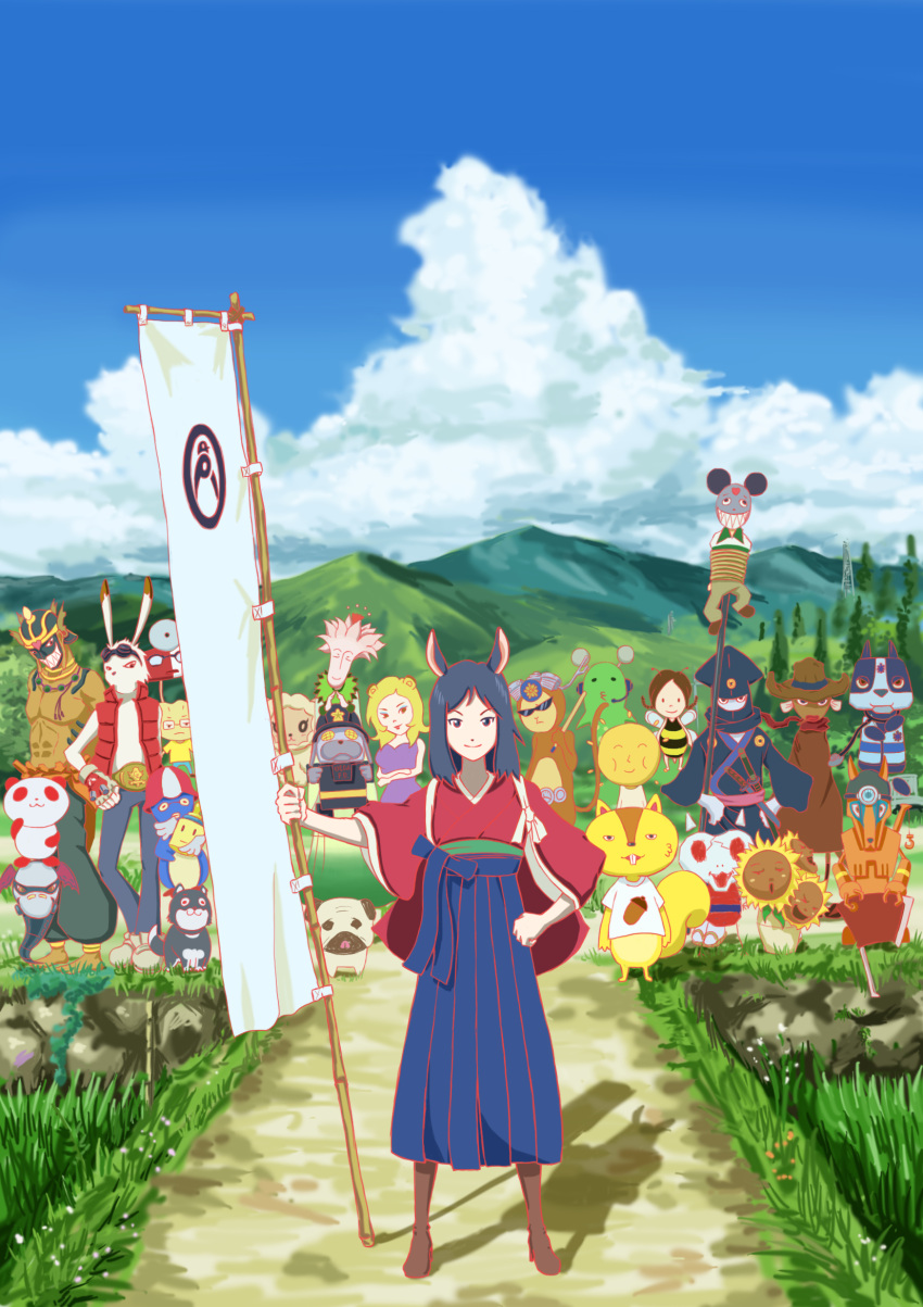 3girls animal_ears banner blue_sky cloud commentary_request day highres japanese_clothes kari-kenji king_kazma looking_at_viewer love_machine marsh_(artist) multiple_girls nobori outdoors shinohara_natsuki sky standing summer_wars