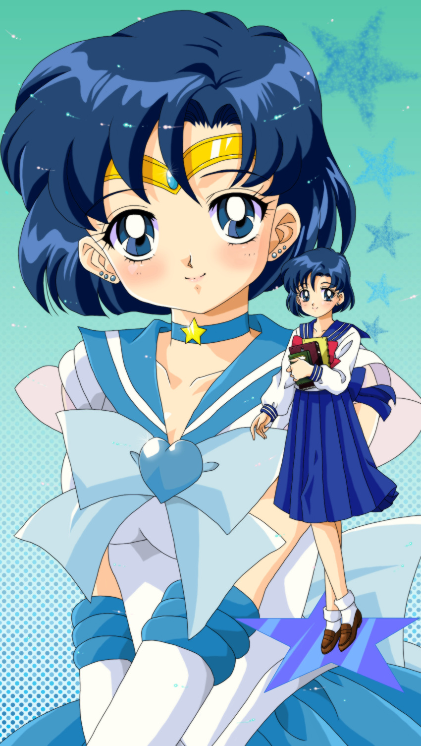 1990s_(style) back_bow bishoujo_senshi_sailor_moon blue_choker blue_eyes blue_hair blue_sailor_collar blue_skirt blue_theme blush book bow brooch choker circlet commentary_request earrings elbow_gloves female gloves gradient_background hair_ornament halftone halftone_background heart heart_brooch highres holding holding_book itou_ikuko_(style) jewelry light_smile loafers looking_at_viewer magical_girl mikiky mizuno_ami official_style retro_artstyle sailor_collar sailor_mercury sailor_senshi_uniform school_uniform serafuku shoes short_hair skirt socks solo standing star_(symbol) star_choker super_sailor_mercury v_arms