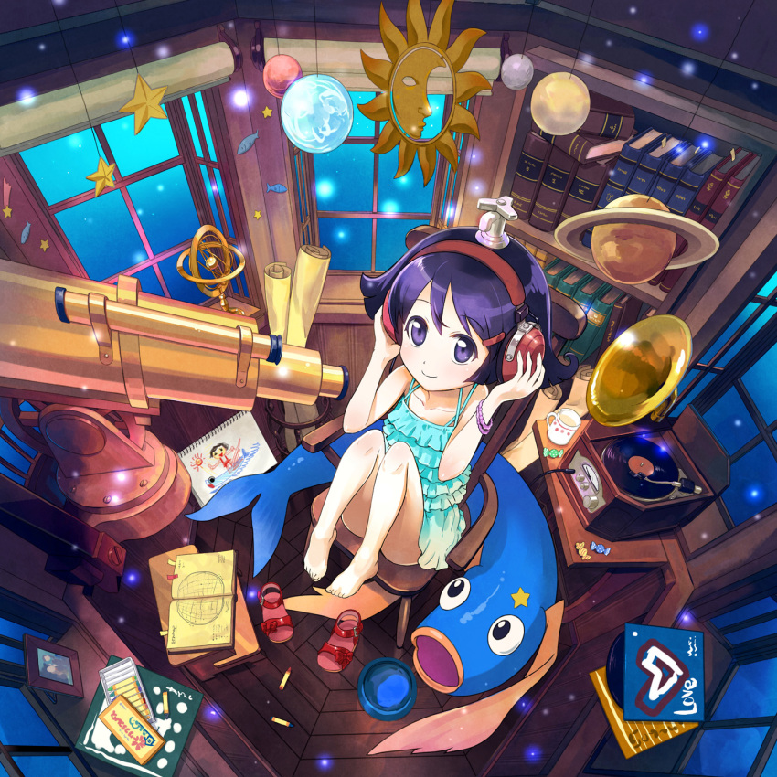 armillary_sphere barefoot book bracelet candy child's_drawing commentary_request crayon drawing dress feet_on_chair female fish food from_above hands_on_headphones headphones highres hugging_own_legs indoors jewelry loaded_interior lolicon mobile original perspective phonograph photoshop_(medium) purple_eyes purple_hair room sandals shiitake_urimo shoes short_hair sitting smile solo telescope unworn_shoes window