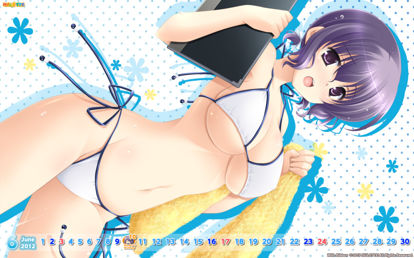 asaka_minako bikini breasts calendar_(medium) dutch_angle female hair_ribbon highres ikegami_akane june large_breasts looking_at_viewer navel open_mouth purple_eyes purple_hair ribbon short_hair solo string_bikini swimsuit teeth towel underboob with_ribbon