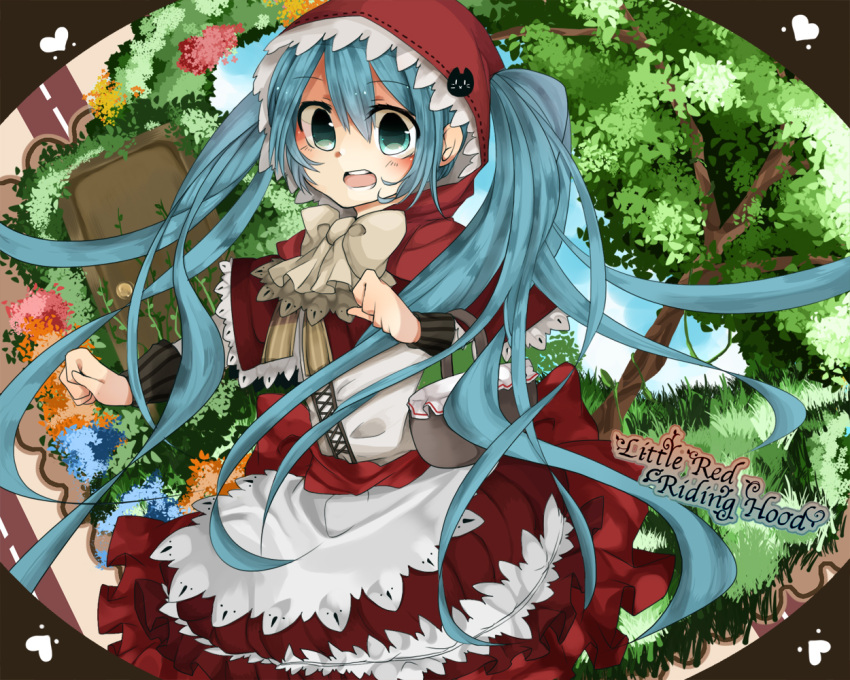 aqua_hair basket commentary_request cosplay dress female green_eyes hatsune_miku little_red_riding_hood little_red_riding_hood_(grimm) little_red_riding_hood_(grimm)_(cosplay) long_hair nakura_hakuto open_mouth photoshop_(medium) solo tree twintails very_long_hair vocaloid