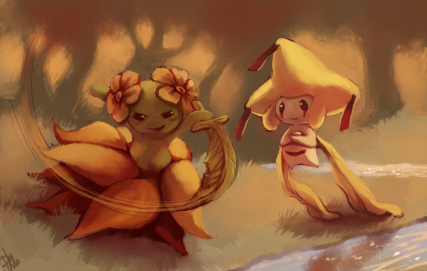 >:) alternate_color bad_deviantart_id bad_id bellossom blush crossed_arms floating flower full_body glitchedpuppet grass hair_flower hair_ornament holding jirachi leaf_blade_(pokemon) motion_lines no_humans outstretched_arms pokemon pokemon_(creature) pokemon_ability pokemon_move sepia_background serene_grace_(pokemon) shiny_pokemon smile spread_arms sword themed_object tree v-shaped_eyebrows water weapon