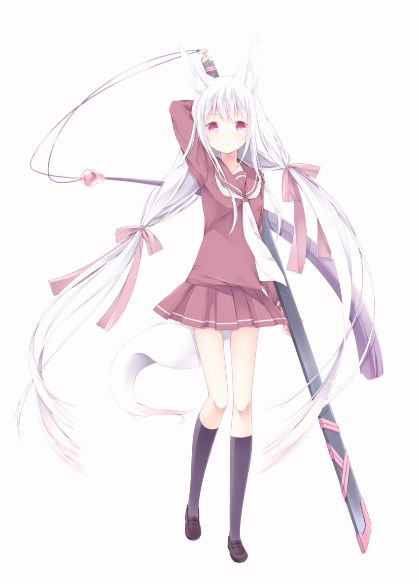 :< animal_ears commentary_request female fox_ears highres long_hair original red_eyes ribbon sagami_rin school_uniform skirt solo sword tail very_long_hair weapon white_hair