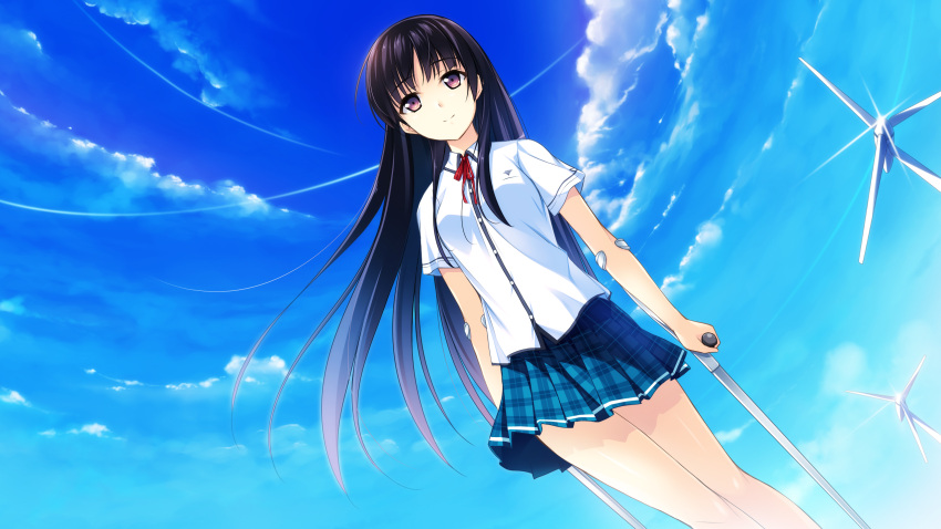 cloud crutch day dutch_angle female from_below game_cg habane_kotori highres kono_oozora_ni_tsubasa_wo_hirogete long_hair plaid plaid_skirt pleated_skirt purple_eyes purple_hair ribbon skirt sky smile solo spoilers wind_turbine yashima_takahiro