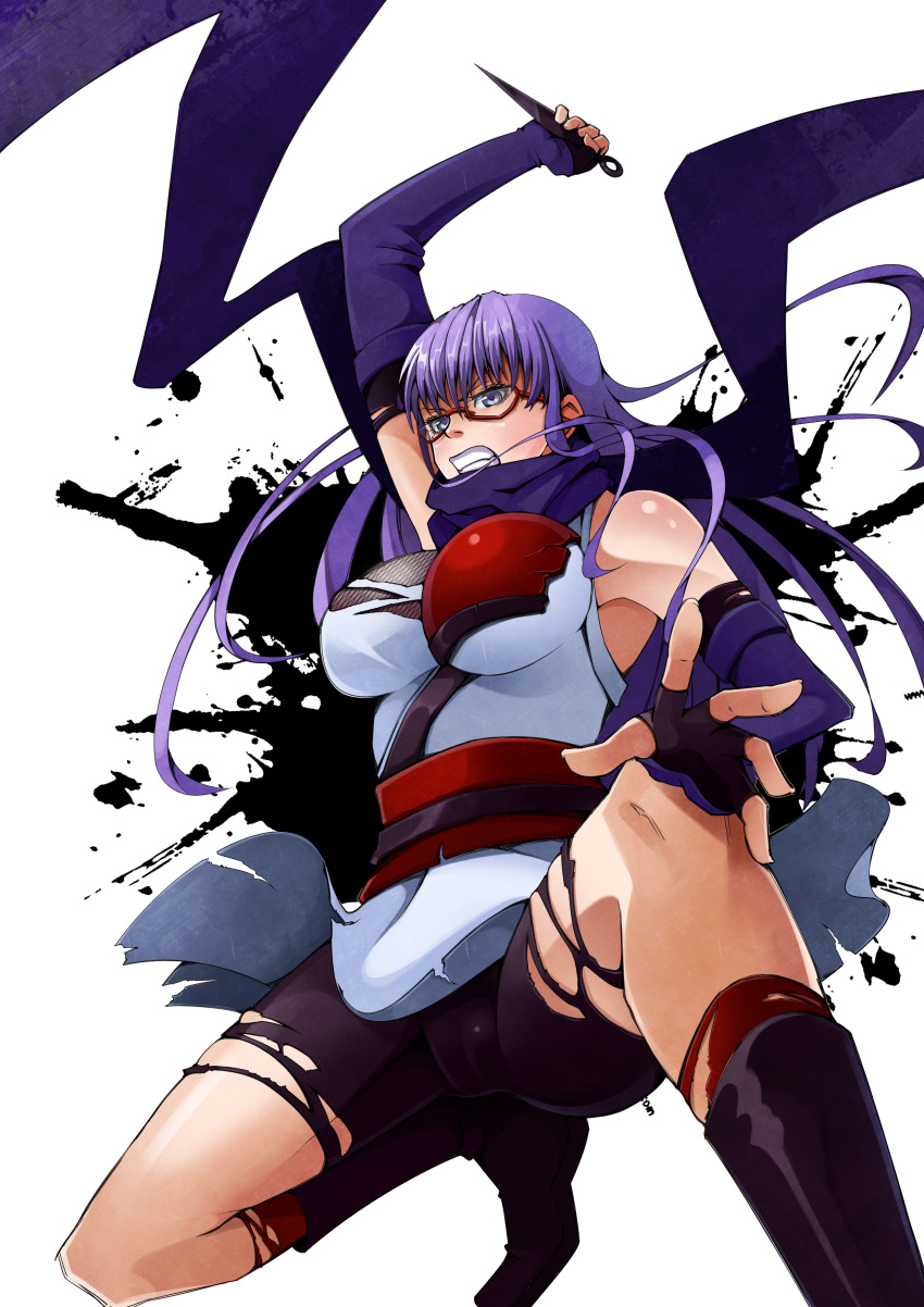 52ikaros absurdres arm_up bad_id bad_pixiv_id bike_shorts blue_eyes boots breasts clenched_teeth female gintama glasses gloves highres knee_boots kunai large_breasts long_hair ninja photoshop_(medium) purple_hair purple_scarf red-framed_eyewear sarutobi_ayame scarf solo squatting teeth weapon white_background