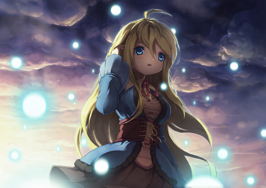 :o ahoge armais_(me-chan337) backlighting bad_id bad_pixiv_id blonde_hair blue_eyes breasts cloud corset dress female from_below hair_flip jacket light_particles long_hair medium_breasts neck_ribbon open_mouth original parted_lips photoshop_(medium) ribbon solo twilight very_long_hair wide_sleeves