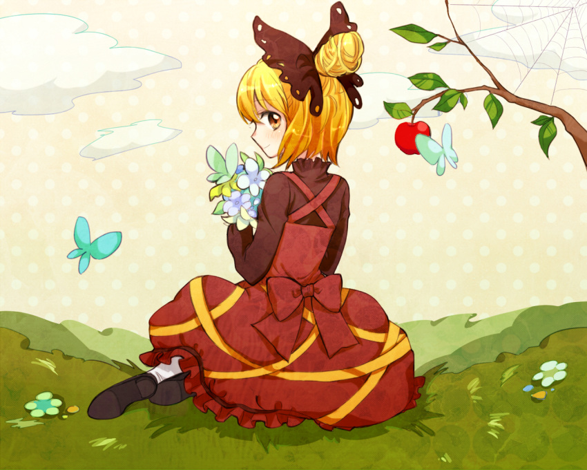 apple bad_id bad_pixiv_id blonde_hair blouse bouquet bow branch brown_dress bug butterfly cloud dress eyelashes female flower food from_behind fruit grass hair_bun hairbow high_collar kurodani_yamame leaf long_sleeves looking_at_viewer looking_back mironomeo pantyhose polka_dot polka_dot_background shirt shoes short_hair silk single_hair_bun sitting smile solo spider_web touhou yellow_eyes yokozuwari