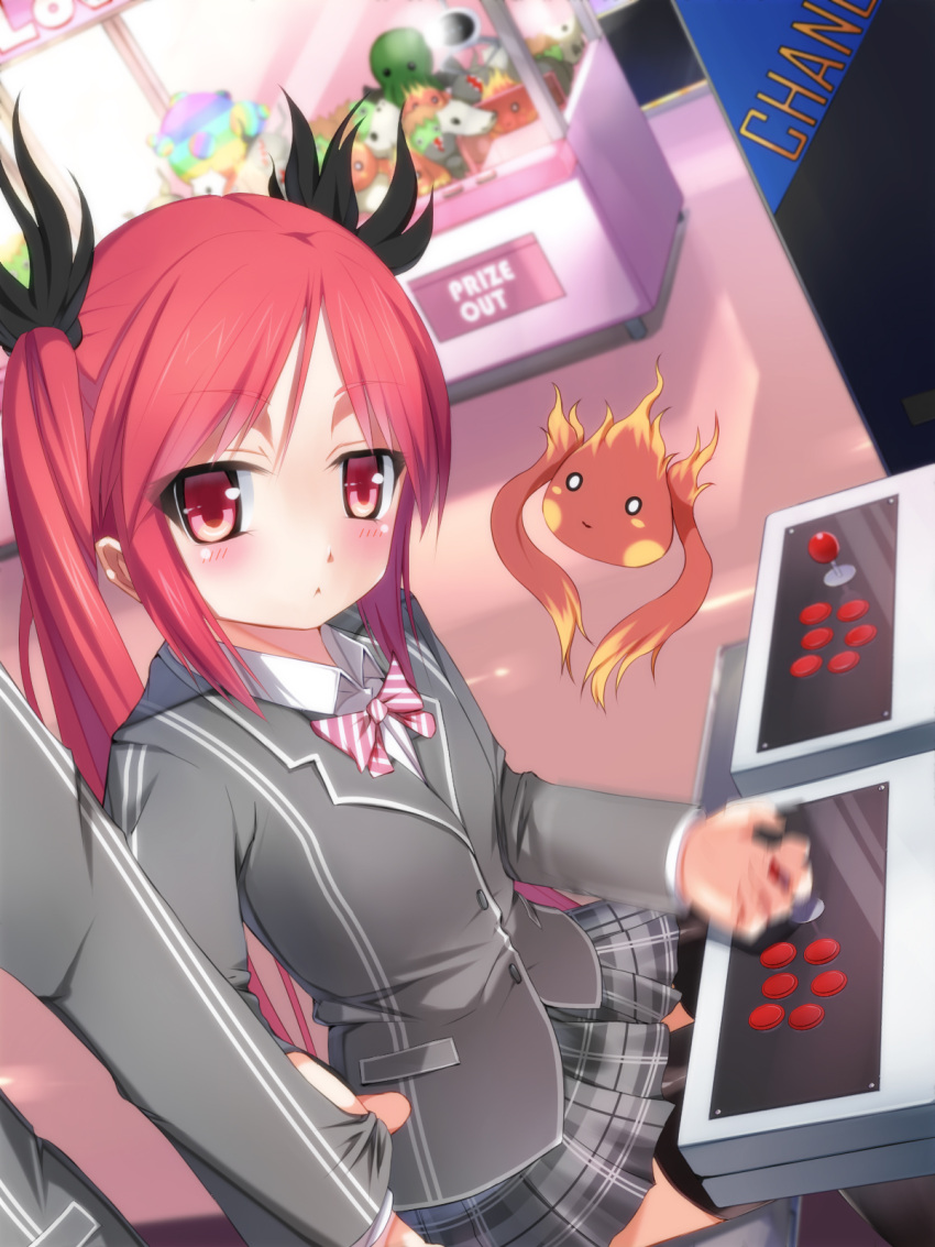 arcade arcade_cabinet blush commentary_request crane_game cthugha_(nyaruko-san) female haiyore!_nyaruko-san highres kishinami_(dom0912) motion_blur photoshop_(medium) playing_games red_eyes red_hair school_uniform twintails