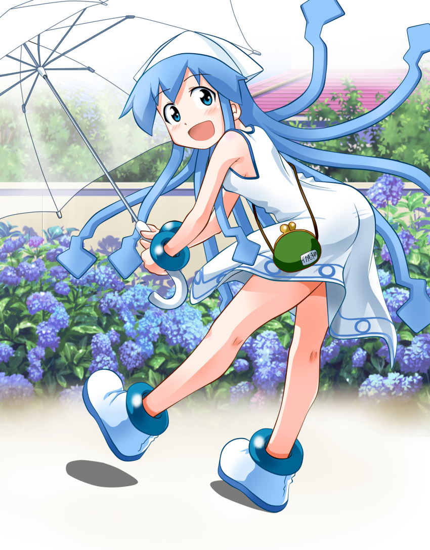 :d bag blue_eyes blue_hair bush commentary_request dress female flower handbag hat highres hydrangea ikamusume kneepits long_hair looking_back open_mouth rokushaku_neko shinryaku!_ikamusume smile solo tentacle_hair transparent transparent_umbrella umbrella