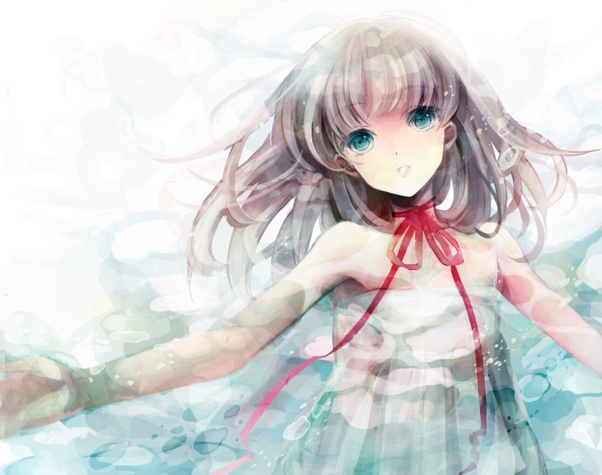 aqua_eyes armpits bare_shoulders brown_hair camisole commentary_request female flat_chest long_hair original outstretched_arms pale_color parted_lips photoshop_(medium) pyo_(xxxxy) red_ribbon ribbon sleeveless solo spread_arms underwater upper_body water