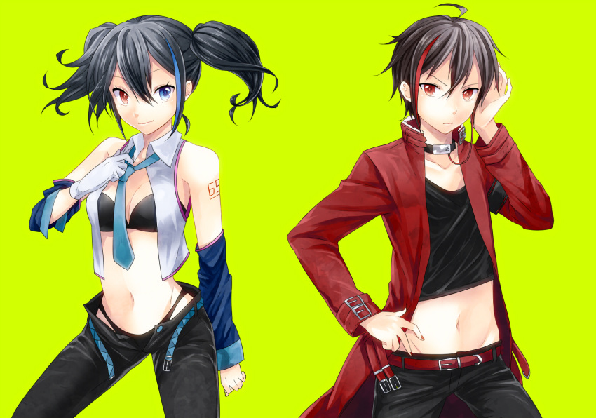 2girls bad_id bad_pixiv_id belt blue_eyes blue_necktie heterochromia highres multiple_girls navel necktie panties red_eyes rook_(utau) simple_background toudou_charo underwear utau yokune_ruko