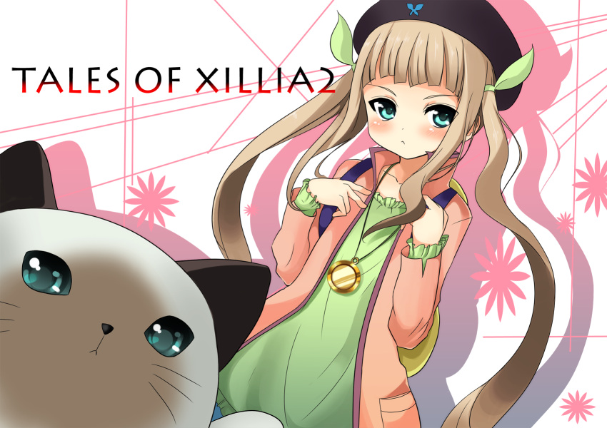 animal aqua_eyes black_hat blonde_hair blush commentary_request copyright_name elle_mel_martha feline female green_shirt hat highres long_hair mahcdai ribbon rollo_(tales) shirt solo tales_of_(series) tales_of_xillia tales_of_xillia_2 twintails