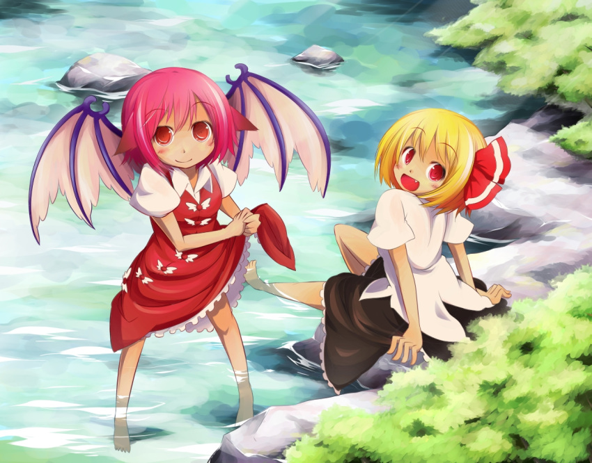 2girls :d barefoot blonde_hair commentary_request dress jagabutter multiple_girls mystia_lorelei no_headwear oerba_yun_fang open_mouth pink_hair pond red_eyes rumia short_hair sitting skirt_hold smile soaking_feet standing touhou wading water wings