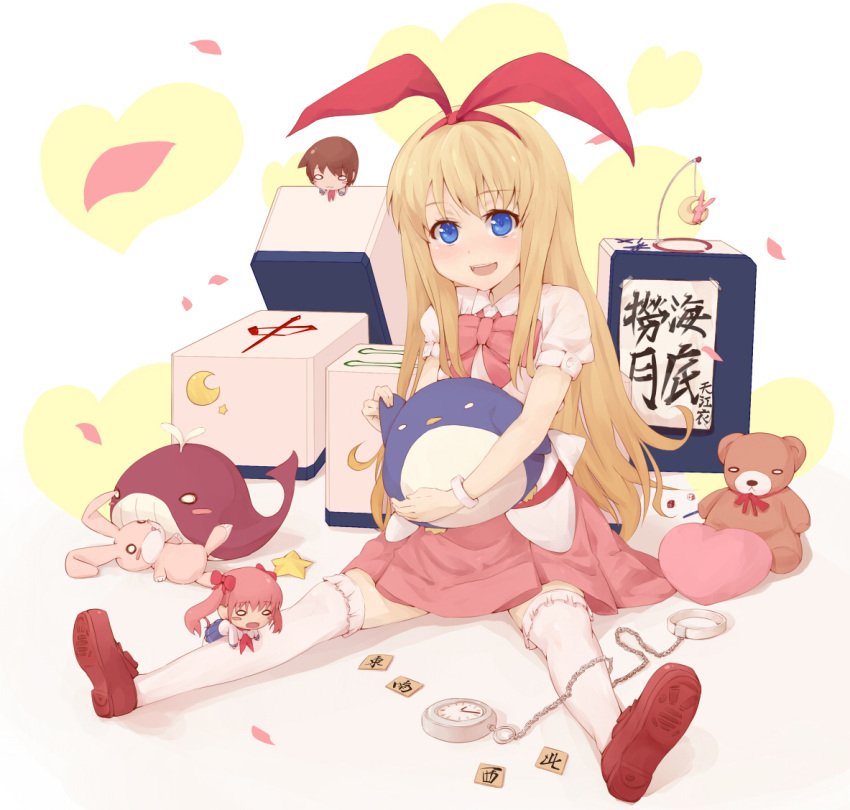 3girls :d amae_koromo bad_id bad_link bad_nicoseiga_id blonde_hair blue_eyes blush_stickers brown_hair chibi crescent hairband haramura_nodoka heart long_hair mahjong mahjong_tile miyanaga_saki multiple_girls o_o open_mouth pendant_watch petals pink_hair ran_(nico16765199) saki_(manga) sitting smile star_(symbol) stuffed_animal stuffed_penguin stuffed_rabbit stuffed_toy stuffed_whale teddy_bear thighhighs translation_request twintails watch white_legwear