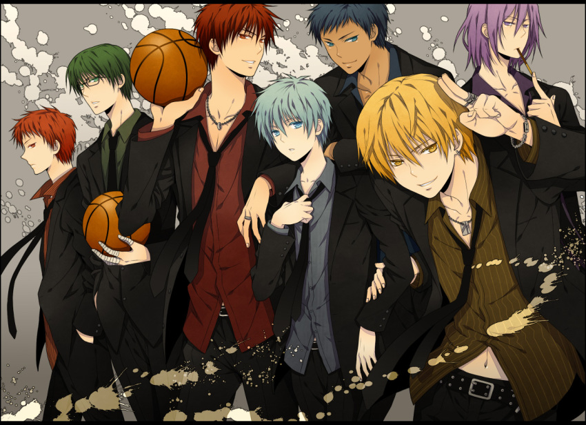 6+boys akashi_seijuurou aomine_daiki bad_id bad_pixiv_id ball basketball basketball_(object) black_hair blonde_hair blue_eyes blue_hair dark-skinned_male dark_skin food formal glasses green_eyes green_hair jewelry kagami_taiga kise_ryouta kuroko_no_basuke kuroko_tetsuya male_focus midorima_shintarou multiple_boys murasakibara_atsushi necklace necktie pocky purple_eyes purple_hair red_eyes red_hair short_hair smile suit yellow_eyes yuuno_(yukioka)