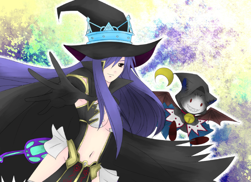 blue_hair breasts brown_eyes cape crown fatima feline female hair_over_one_eye hat hood josie long_hair luminous_arc luminous_arc_2 navel wings witch_hat