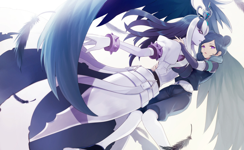 armband bad_id bad_pixiv_id banned_artist beta_(inazuma_eleven) blue_hair bracelet feathers harano highres inazuma_eleven_(series) inazuma_eleven_go inazuma_eleven_go_chrono_stone jewelry keshin_(inazuma_eleven) kokuu_no_megami_athena long_hair protocol_omega purple_hair spiked_bracelet spikes very_long_hair wings