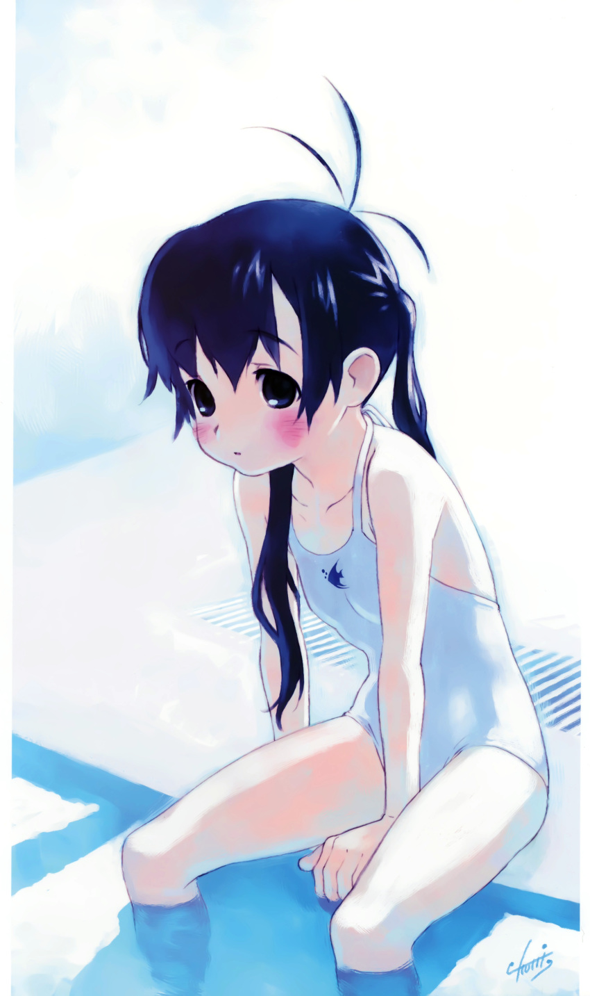 absurdres bare_shoulders black_eyes black_hair blush casual_one-piece_swimsuit drain_(object) female highres long_hair one-piece_swimsuit original pool poolside sitting soaking_feet solo swimsuit tanaka_kunihiko twintails water white_one-piece_swimsuit