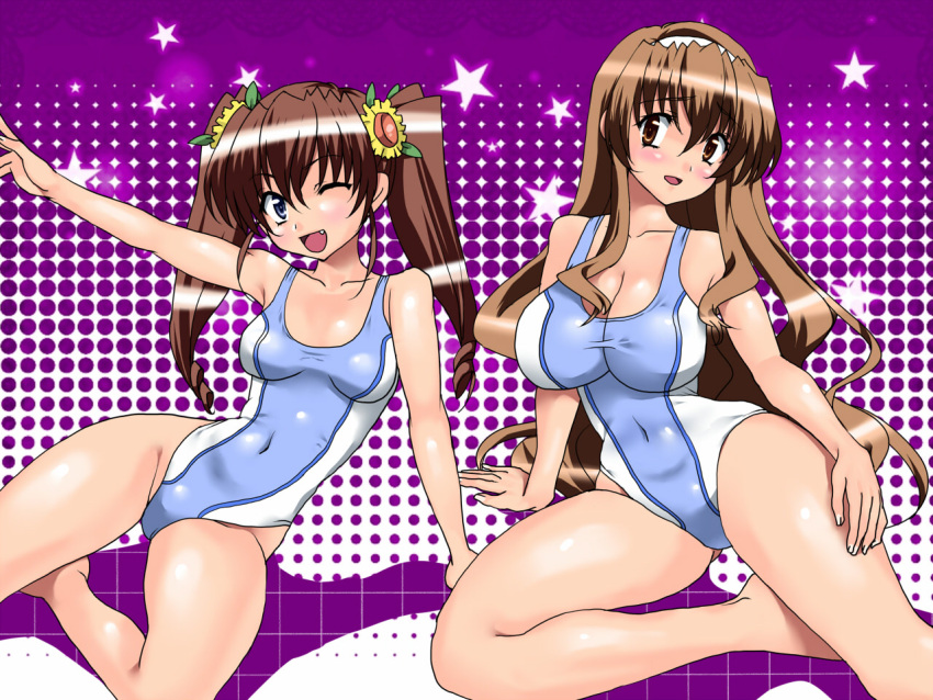 2girls bad_id bad_pixiv_id blue_eyes brown_eyes brown_hair competition_swimsuit long_hair multiple_girls nogizaka_haruka nogizaka_haruka_no_himitsu nogizaka_mika oerba_yun_fang one-piece_swimsuit one_eye_closed sen_(sansui) siblings sisters swimsuit twintails