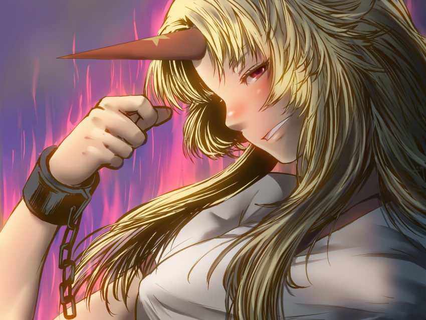 aura blonde_hair blush chains commentary_request female grin highres horns hoshiguma_yuugi long_hair misumi_kouji photoshop_(medium) red_eyes single_horn smile solo touhou upper_body