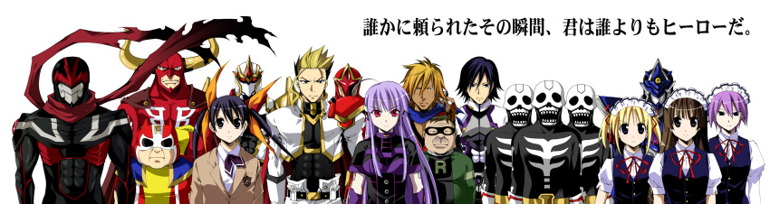 5girls 6+boys androiko ankaiser commentary_request fatman_(ratman) glowing glowing_eyes highres horns inui_sekihiko jacky_combatant kizaki_rio_(ratman) kreios mask mr._big_horn multiple_boys multiple_girls photoshop_(medium) randolman ratman ratman_(character) ruby_red scarf unchain van_guardner yavais