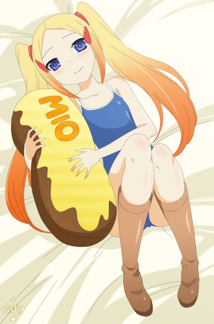 aoyama_mio bare_shoulders blonde_hair blue_eyes boots character_name commentary_request female flat_chest hair_ornament hairclip highres kami_nomi_zo_shiru_sekai knee_boots knees_together_feet_apart long_hair multicolored_hair one-piece_swimsuit orange_hair photoshop_(medium) smile solo swimsuit twintails two-tone_hair von-cx