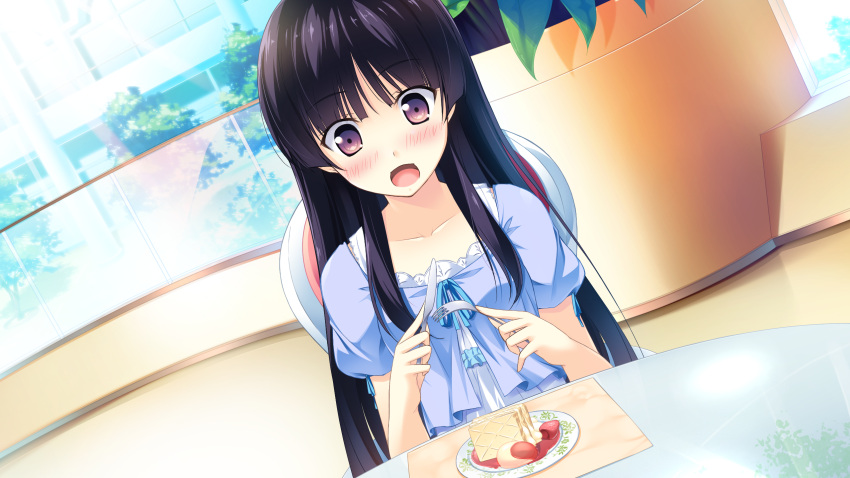 black_hair blush breasts chair female food fork fruit game_cg habane_kotori highres holding holding_fork holding_knife ice_cream knife kono_oozora_ni_tsubasa_wo_hirogete long_hair open_mouth plate purple_eyes sitting small_breasts solo strawberry upper_body yashima_takahiro