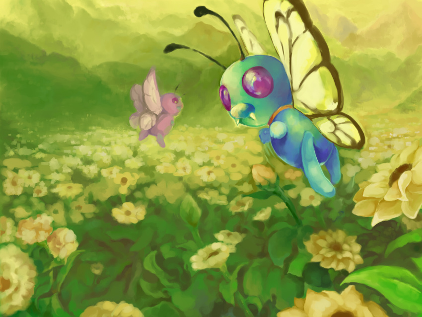 alternate_color alternate_shiny_pokemon blue_skin bug butterfly butterfree collar colored_skin commentary_request fangs floral_background flying geregere_(lantern) green_background green_theme highres looking_at_viewer no_humans outdoors pink_skin pokemon pokemon_(anime) pokemon_(classic_anime) pokemon_(creature)